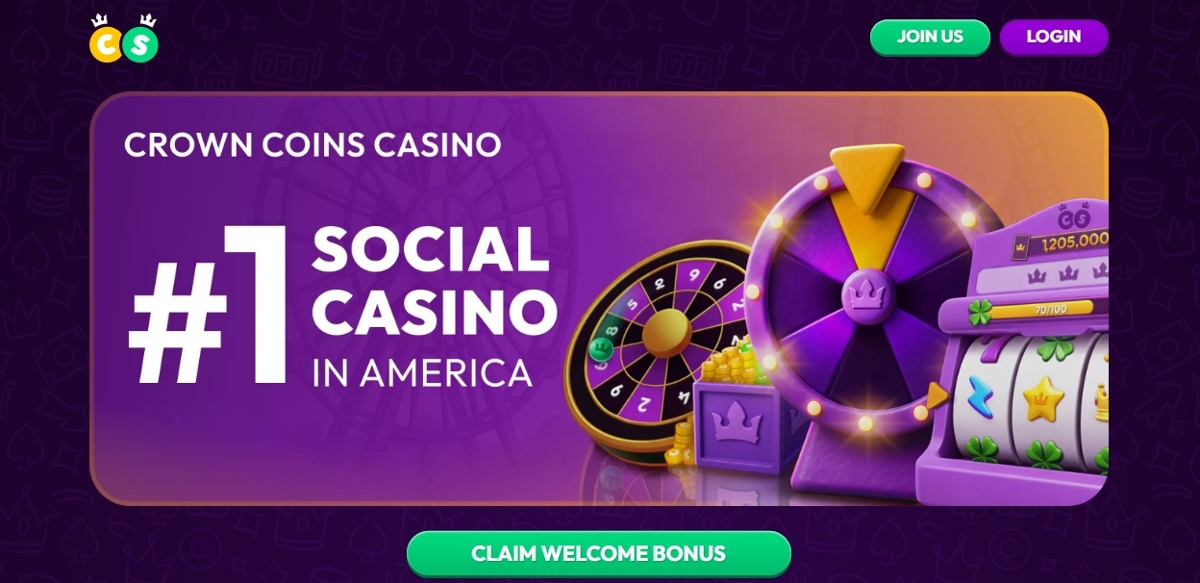 CrownCoins casino homepage with a button to claim the welcome bonus